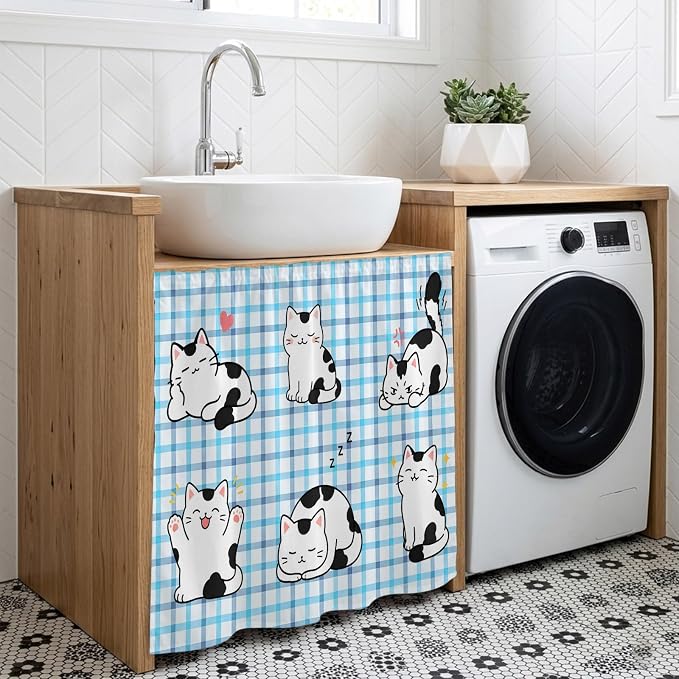 Cute Cat Cabinet Dishwasher Hidden Curtains, Privacy Closet Door Curtain, Modern Playful Pet Cats Blue Purple Plaid Adhesive Dust Proof Under Sink Skirt for Bathroom Kitchen 35"x35"