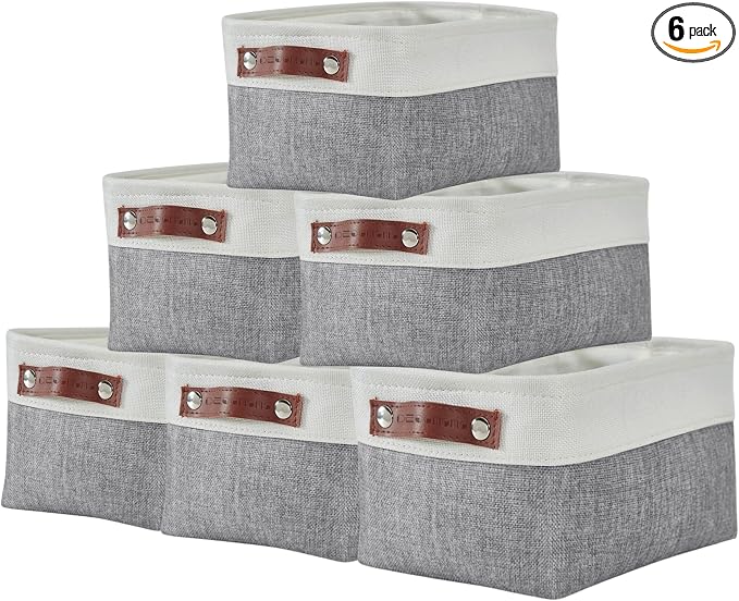 DECOMOMO Small Storage Basket, Closet Storage Bins | 6 Pack Baskets for Organizing Shelves, Decorative Linen Closet Baskets(Grey & White)