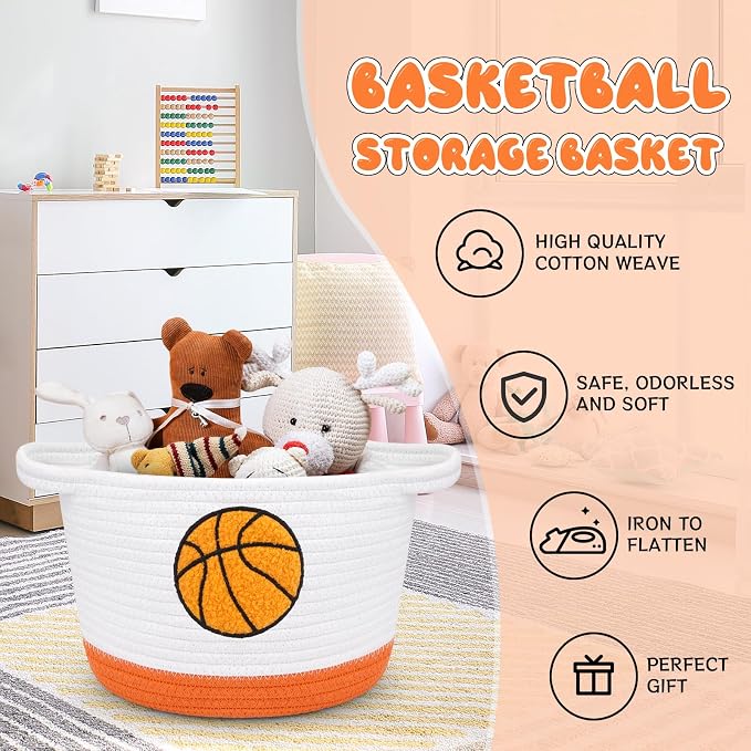 Basketball Storage Basket, Woven Basket with Handle Small Laundry Basket Organizer for Baby Shower, Blanket, Shelf, Cat Dog Toy Organizer, Gifts Empty, 9"x7" Baskets for Organizing
