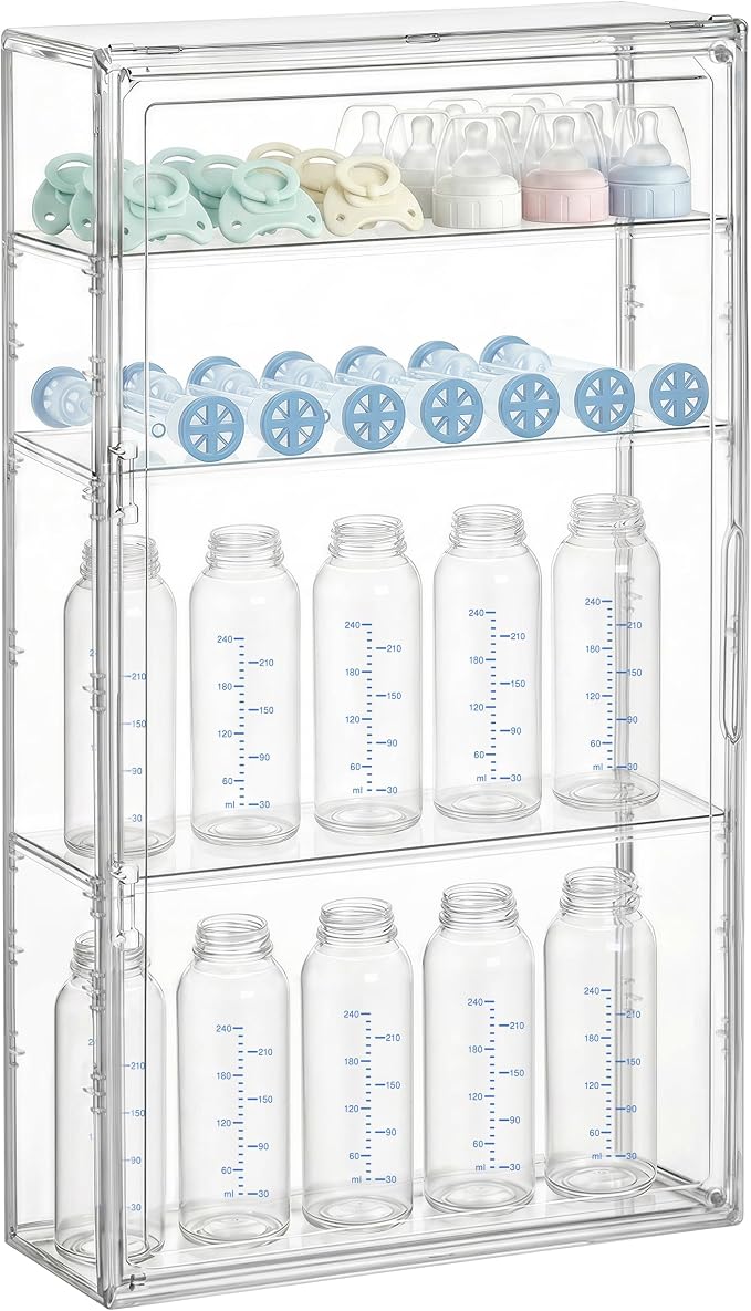 HBlife Baby Bottle Storage Organizer for Wall Countertop Cabinet, 4 Tiers Adjustable Clear Acrylic Bottles Storage Station Case Box Container with 3 Removable Dividers and Magnetic Door, Large