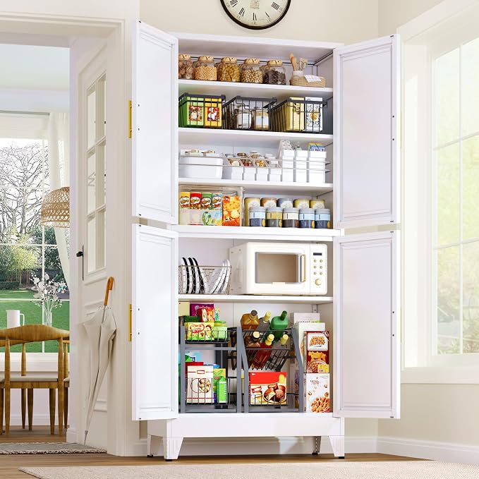 GAIOUS 75.2" Tall Metal Pantry Cabinet,White Kitchen Pantry Storage Cabinet | with 4 Doors and 4 Adjustable Shelves, Steel Storage Cabinets, Freestanding Cupboard for Kitchen Dining Living Room Bathroom