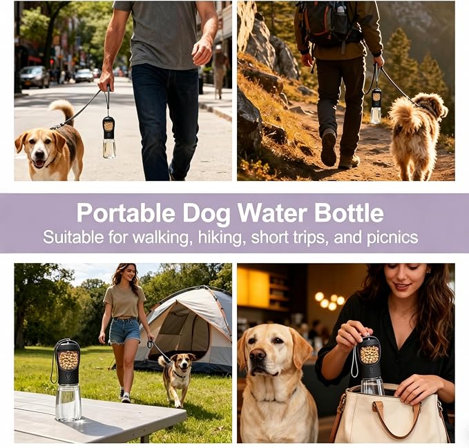 Portable Dog Water Bottle with Food Container, Drinking Bottle for Travel | 2 in 1 Dog Water Bowl, Leak Proof Pet Water Dispenser, BPA Free, Puppy Essentials, for Walking Hiking (Black,19oz)