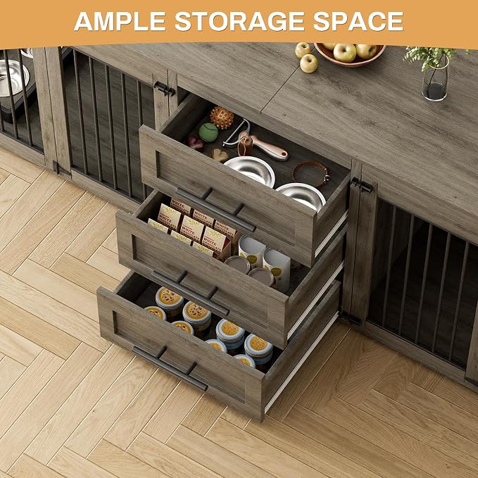 OUYESSIR 94.5" Double Dog Crate Furniture for Medium Large Dogs, Grey | Extra large dog kennel fits 2 Medium or large dogs, 3 Storage Drawers, 4 removable Stainless steel dog bowls, Solid Wood