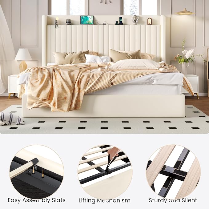 SHA CERLIN King Size Lift Up Storage Bed Frame, Charging Station, Cream | Storage Headboard with Charging Station, USB, Type-C Port Velvet Hydraulic Storage Bed No Box Spring Needed Noise Free