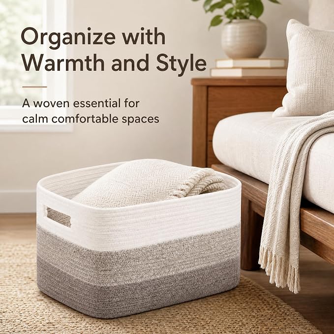 Cotton Rope Laundry Basket Large, 19.2GAL Collapsible Woven Storage Baskets for Living Room Kids Toys Stuffed Animal,Boho Rectangular Decorative Short Hamper for Dirty Clothes Blankets Gradient Brown