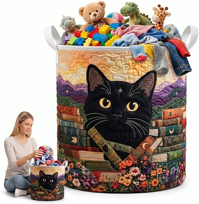 Floral Black Cat Laundry Hamper Large Fabric Storage Basket Mystical Moon and Star Toy Organizer Bin for Bedroom Living Room Decor(20" x 28")