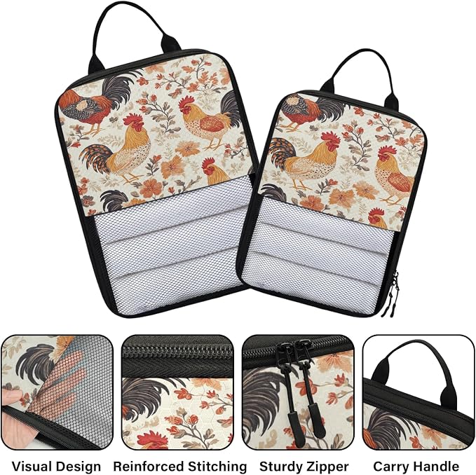 Farmhouse Chicken 6 Set Compression Packing Cubes | Flower Rooster Travel Accessories Expandable Packing Organizers Space Saver Bags for Organizing Clothes