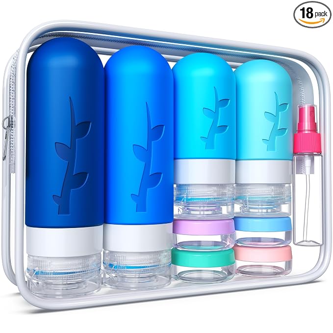 Tocelffe 18pack Travel Bottles for Toiletries,TSA Approved Silicone Travel Containers jar for Toiletries,Leak Proof Refillable Liqus Shampoo And Conditioner Essentials toiletry