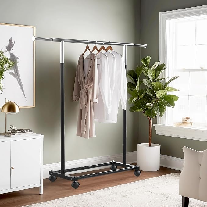 Simple Houseware Standard Rod Garment Clothing Rack, Black | Single Rail, Extendable Width from 30 to 47 Inches, Rolling Clothing Organizer for Bedroom, Laundry, Living Room