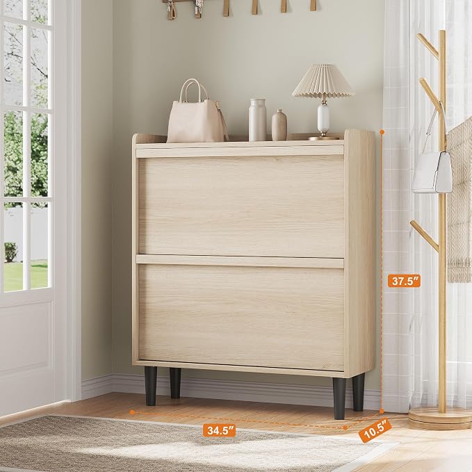 GarveeHome Shoe Cabinet with 2 Flip Drawers, Wooden Shoe Organizer Cabinet with Adjustable Shelf, Shoe Storage for Entryway, Hidden Shoe Cabinet for Hallway, Living Room, Natural Oak