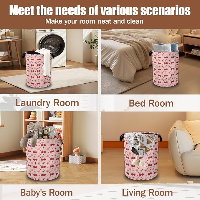 Cherry Flower Laundry Basket,Waterproof Foldable Pink Laundry Hamper,Dirty Clothes Laundry Basket, Linen Bin Storage Organizer Collection 16" x 20.8"