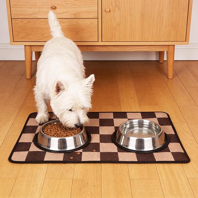 PUPTECK Dog Food Mat, Absorbent Pet Cat Feeding Mat for Food and Water Bowls, Anti-Slip Dog Placemat for Floors Waterproof, Pet Supplies Accessories, Brown & Khaki Checkered S