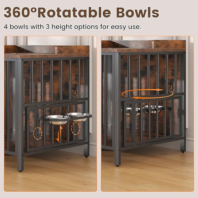 BOINN 63 Inch Dog Crate, Large Dog Crate for 2 Dogs, Dog Kennel Indoor for Medium/Small Dogs with Top Access Door, XL Wooden Dog Cage with 360 Degree Rotatable Stainless Bowls, Heavy Duty Steel Frame