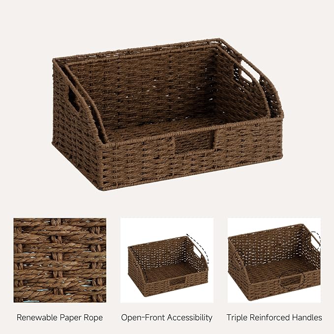 StorageWorks Pantry Baskets for Organizing, Brown Storage Baskets, 2-Pack | Paper Rope Wicker Storage Baskets for Shelves with Handles, Pantry Organizers and Storage, Shelf Baskets for Organizing