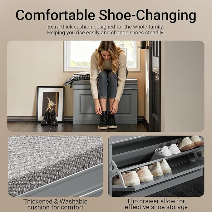 Haotian Shoe Storage Bench with Cushion, Grey Narrow Shoe Rack for Entryway, Small Shoe Cabinet with Flip-Drawer, Closet Hallway Mudroom FSR82-L-HG