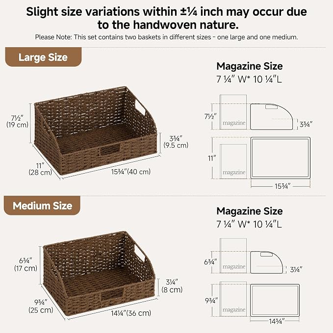 StorageWorks Pantry Baskets for Organizing, Brown Storage Baskets, 2-Pack | Paper Rope Wicker Storage Baskets for Shelves with Handles, Pantry Organizers and Storage, Shelf Baskets for Organizing