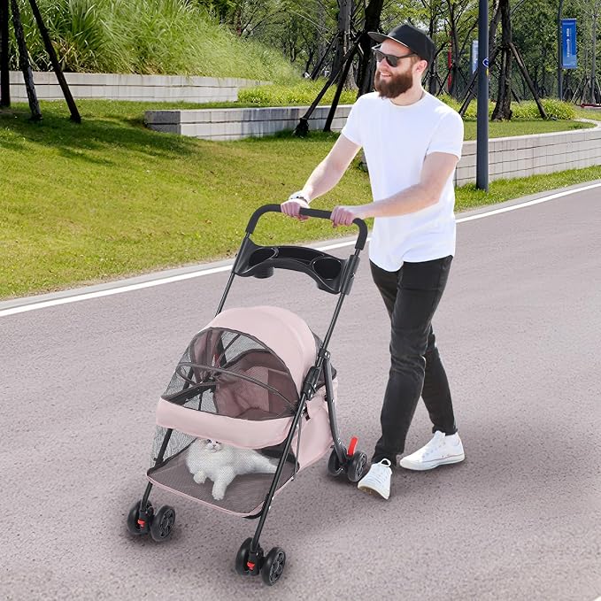 Foldable Pet Stroller Cart for Small Medium Dogs Cats, 40lbs Capacity Pet Travel Cart with 360° Swivel Front Wheels, Breathable Mesh Travel Pet Carrier with Cup Holder(Pale Pinkish Grey)