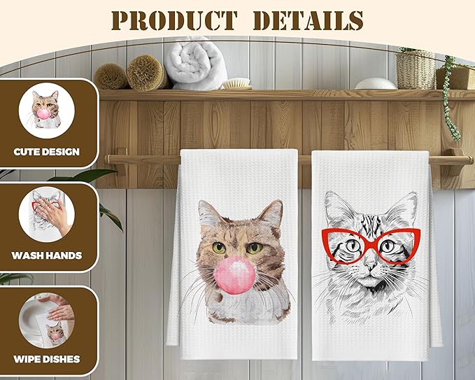 Kitchen Towels Set Of 2, Bubble Cat Dish Towel For Kitchen, Funny Glasses Kitten Decorative Hand Towels For Bathroom, Fast Drying Tea Towel, Housewarming Xmas Gifts For Cat Lover Women Mom -B10