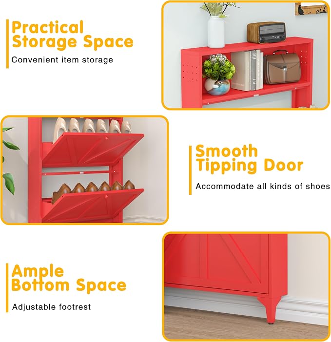 Shoe Cabinet with 2 Flip Drawers, Narrow Shoe Storage Cabinet, Farmhouse Shoe Organizer, Freestanding Organizer with Metal Legs for Entryway, Foyer (Red, 2 Door)