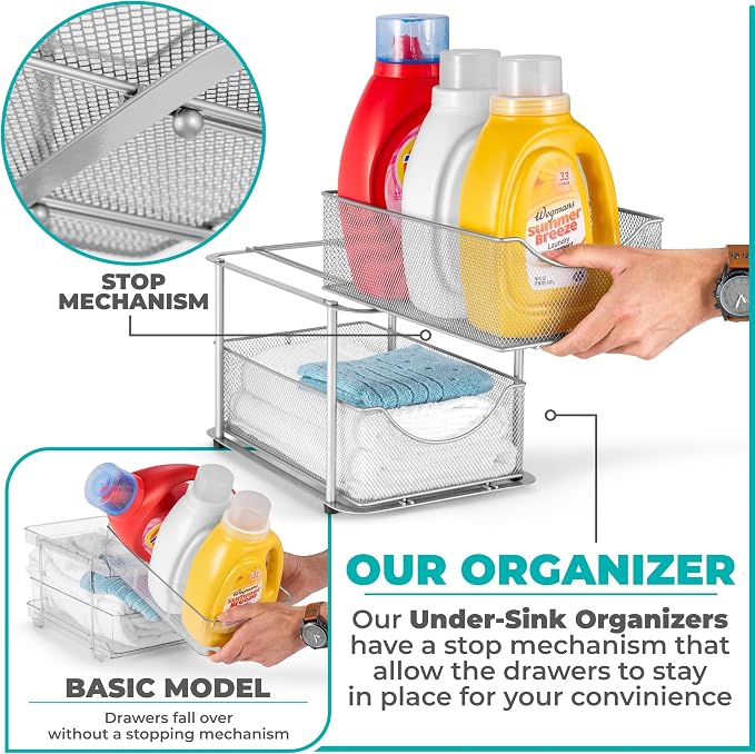 Sorbus Pull-Out Under Sink Organizer, Mesh Construction (Silver, 2 Pack) | Two-tier metal organization with strong steel and sliding drawers for bathrooms, kitchens, cabinets, closets and pantries.