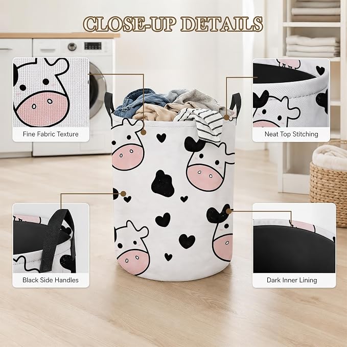 Cute Cow Laundry Hamper, Black Hearts Laundry Baskets, Waterproof Oxford Cloth for Room/Bathroom/Bedroom/Dormitories 16x20.8 Inch