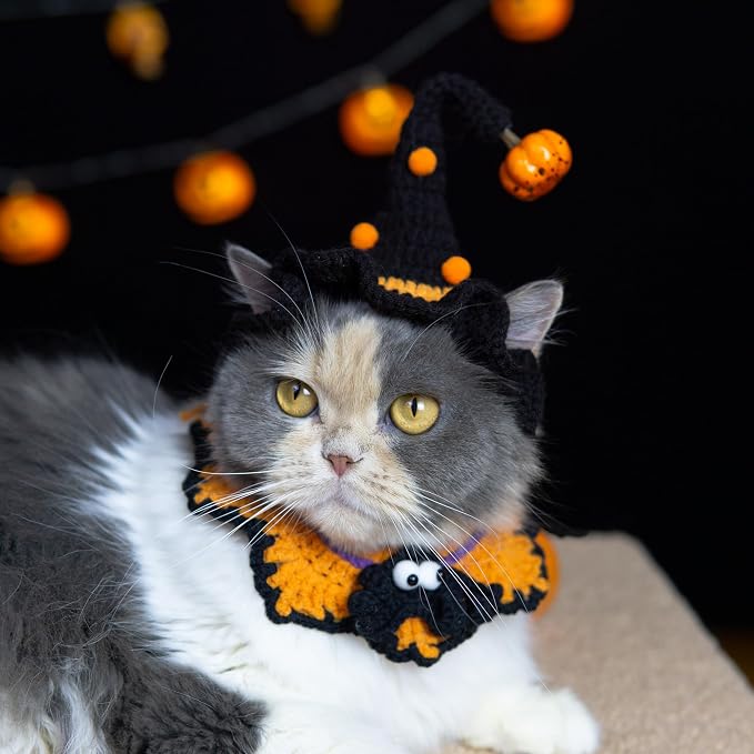 Halloween Pet Costume,Spider & Black Witch Hat for Rabbits,Cats and Small Sized Dogs,Hand-Knit Festive Halloween-Themed Cat Apparel,Dog Halloween Outfits,Cat Witch Costume