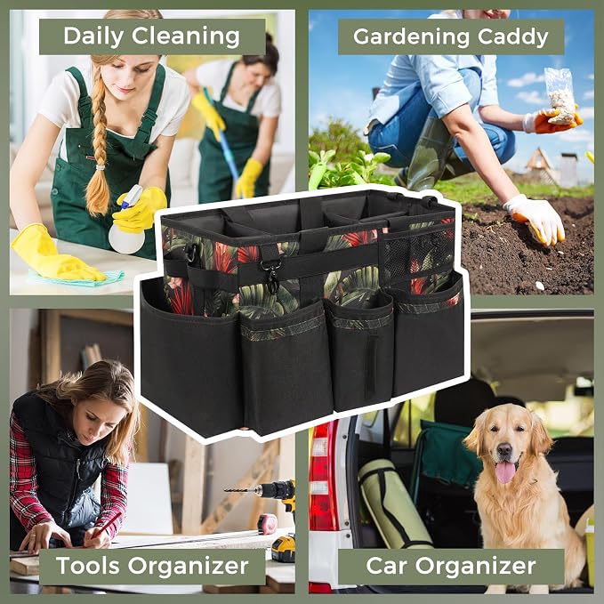 SCAVATA Wearable Cleaning Caddy Organizer With Handle & Shoulder Strap | Multiple Compartments, 4 Foldable Dividers, Portable Cleaning Supplies Tool Storage for Home, Car & Housekeeping, GreenBush