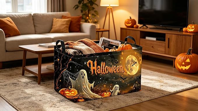 Sanjiaofeng Rectangular Halloween Ghost Storage Basket,Trick or Treat Halloween Basket for Kids,Halloweens‌ Party Candy Gift Baskets(Mysterious Ghost)