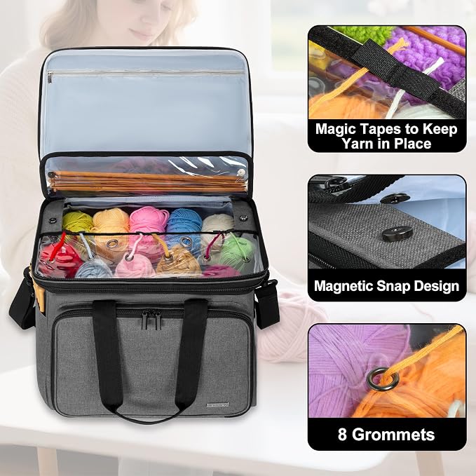 Teamoy Crochet Bag, Knitting Bag Yarn Storage Tote, Yarn Organizer, Gray | Yarn Holder for Crocheting, with Inner Divider and Cover, for Yarn Skeins, Project, Knitting Needles, and Crochet Supplies