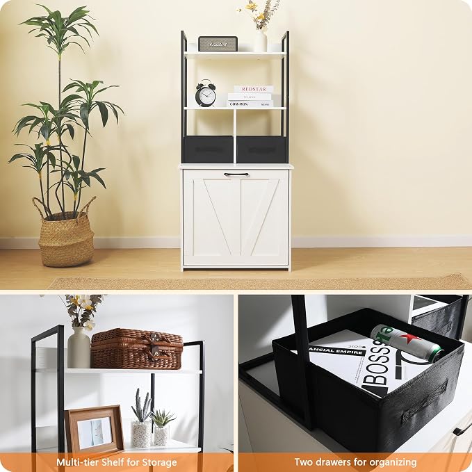 Dwanton Cat Litter Box Enclosure, 2 Storage Shelves and 2 Drawers, 50" H | 2-in-1 Hidden Cat Litter Box Enclosure Furniture with Shelf, Metal Frame, Reversible Entrance, Washable Drawers, White