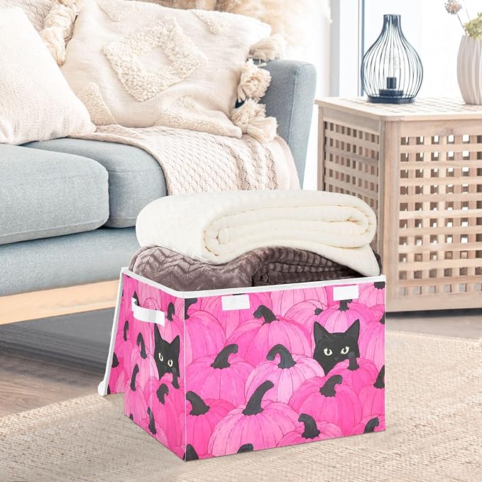 Fabric Storage Bins with Lid Pink Pumpkin Closet Storage Basket 40L | Decorative Storage Boxes, 300D Oxford Cloth, Hollow Board Frame, Flip Top Velcro Lid, 16.5x12.6x11.8 inch, Collapsible Design