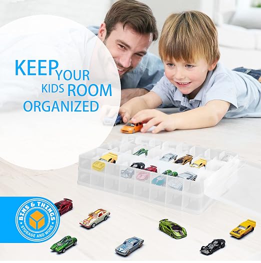 Bins & Things Hot Wheels Display Case and Toy Car Storage Organizer, Double sided 48 - Multi Compartment Plastic Car Toy Organizer Compatible with Lego, LOL Surprise Matchbox cars storage case - Blue