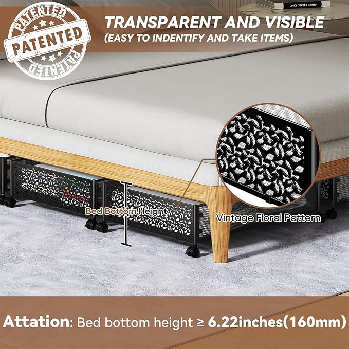 Under Bed Storage with Wheels,Patterned,Sturdy Metal,4 Pack,Black | Tool-free assembly, glide smoothly, easy reach, foldable, maxmazie low-profile beds, dorm, keep seasonal clothes, shoes fresh