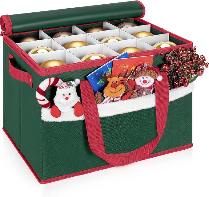Christmas Ornament Storage Box with Adjustable Dividers Zippered Top Stores up to 36 Holiday Ornaments (4 Inch) Xmas Ball Decorations Organizer Storage Container Bin