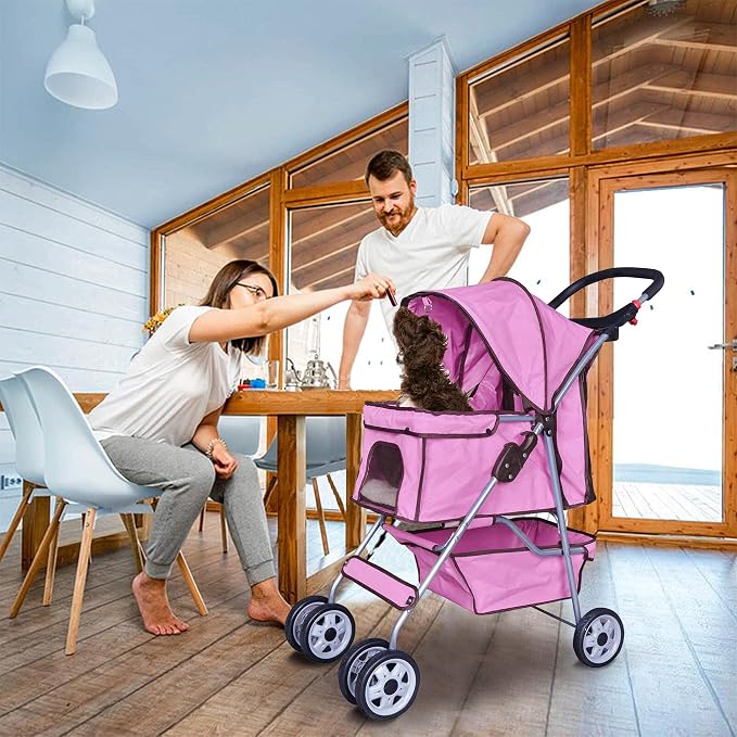 Pet Stroller,4 Wheels Dog Stroller with Storage Basket,Compact Portable Folding Carrier for Travel,Camping,Dog Carrier for Small Medium Dogs Or Cats,Lightweight Waterproof Pet Stroller,Pink