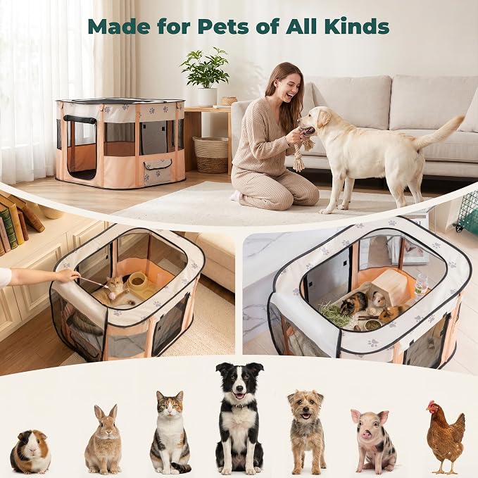 Avont Portable Pet Puppy Dog Playpen, Foldable Cat Playpen, Indoor/Outdoor | Water-Resistant Breathable Shade Cover, Travel Camping Use for Small Animals with Carrying Case, (S/Orange)