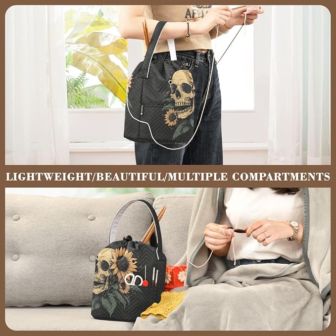 Fustylead Hand Draw Human Skull and Sunflower Design Large Yarn Storage Tote Basket, Knitting Crochet Drawstring Organizer Bag for Crocheting Project, Yarn Balls, Needles Accessories