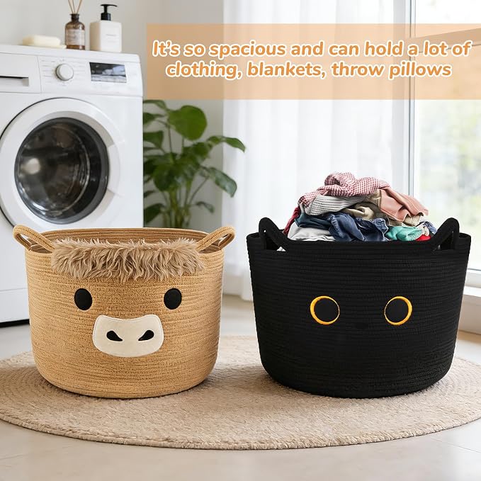 Large Black Cat Basket for Nursery,Cute Cat Woven Laundry Blanket Cotton | Rope Extra Storage Basket with Handles, 0rganize Decorative Gifts for Towels Pillow Clothes Hamper Toy Bin,23"D×13"H