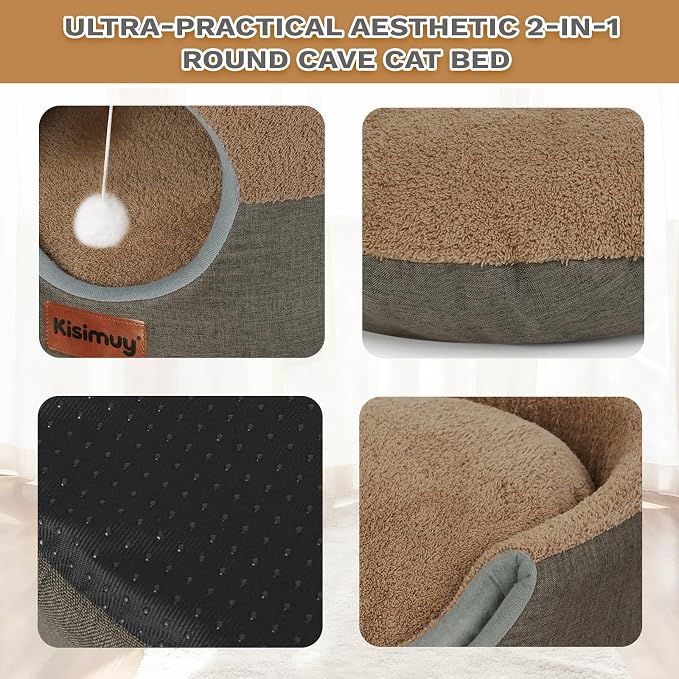 2-in-1 Cat Bed Cave, Cozy Covered Cat Beds for Indoor Cats,Pet Bed | 19.7"D x 15"H, Cave To Bed In Seconds, Pet Hideaway for Kittens & Small Dogs, Hanging Cat Toys, Machine Washable Puppy Bed