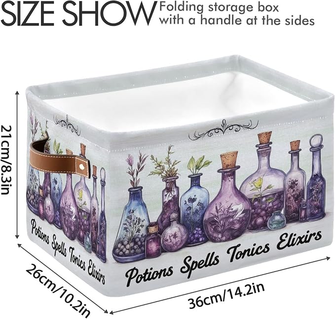 Halloween Witch Potions Storage Basket with Waterproof Liner and PU Handles Purple Herb Spooky Storage Bins Boxes 14.2" Collapsible Decorative Organizer Baskets for Bedroom Closet Office 1 Pack