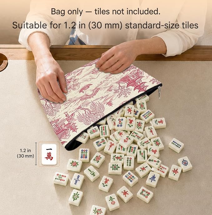 Pink Toile Empty Mahjong Tile Bag 13x7.8 Inch | Chinoiserie Printed Portable Travel Case Organizer Zipper Pouch for American Mahjong Tiles Game Night Accessories and Gifts
