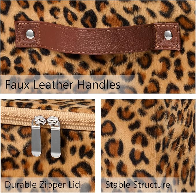2PCS Storage Bin Boxes with Zipper Lid Leopard Print Cute Basket | Velvet Fabric, PU Leather Handles, PP Plastic Board, Foldable Washable Lidded Closet Shelf Organizer Container, Brown, Large
