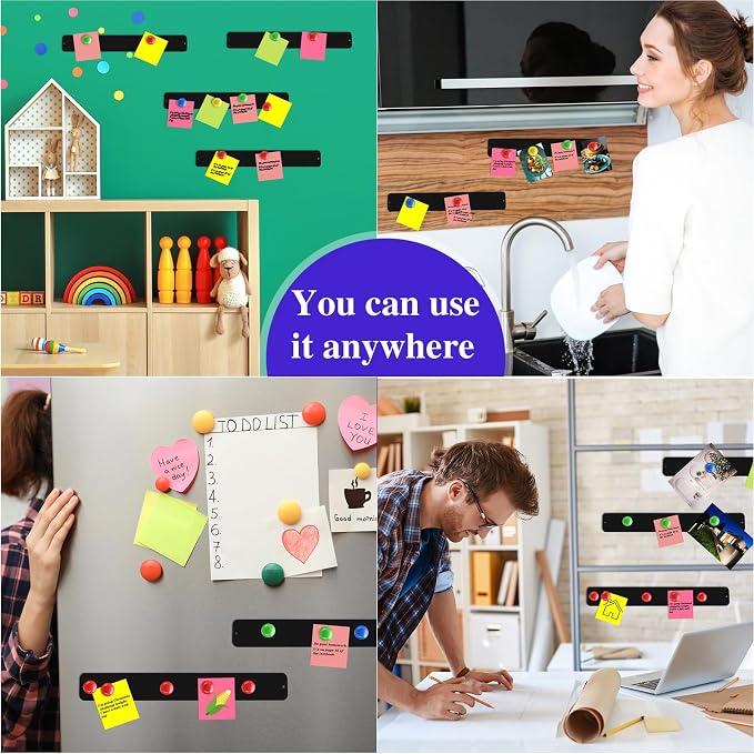 Outus 6 Pcs Magnetic Wall Strips 15" x 2", 48 Magnets, Black | Metal display strips for notes, photos and memos; ideal for office, home, classroom and workspace.