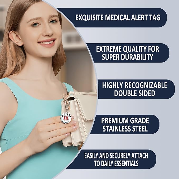 Divoti Diabetic Alert Bag Tag | 1.25" Dual-Sided Stainless Steel Medical Emergency ID for Backpacks, Luggage & Supplies | Quick Clip