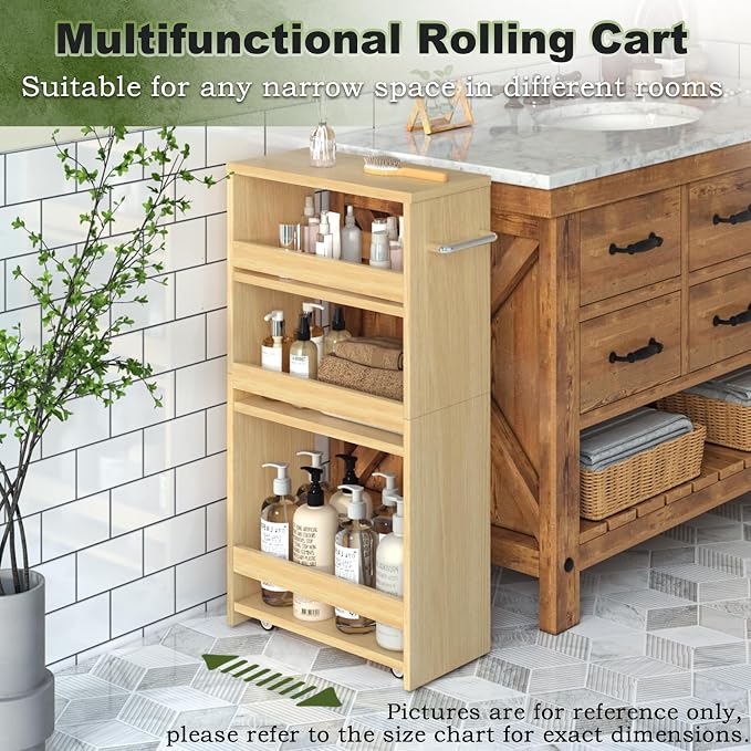 MARTY Slim Rolling Storage Cart, Wood Utility Kitchen Bathroom Laundry Cart | 4 Tier Kitchen Cart with Wheels Handle, Laundry Room Organization Between Washer and Dryer, Narrow Storage Cabinet, 8” Wide