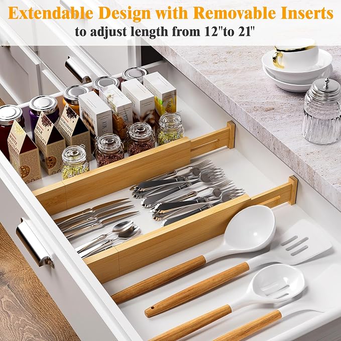 Bamboo Drawer Dividers, 12-21 Inch Kitchen Adjustable Drawer Organizers | Expandable Dresser Separators for Clothes, Ideal for Kitchen, Bathroom, Vanity, Office Organization and Storage, 5-Pack