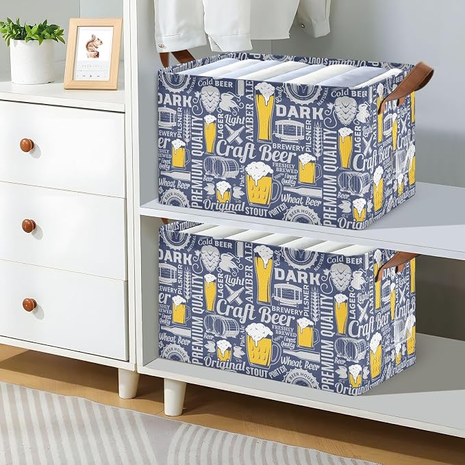 Deep Blue Beer Retro Vintage Malt Liquor Storage Bins for Shelves with Labels&Handles Fabric Organizer Bin Foldable Rectangle Storage Basket Boxes for Closet, Bathroom, Home, Living Room, 2 Pack