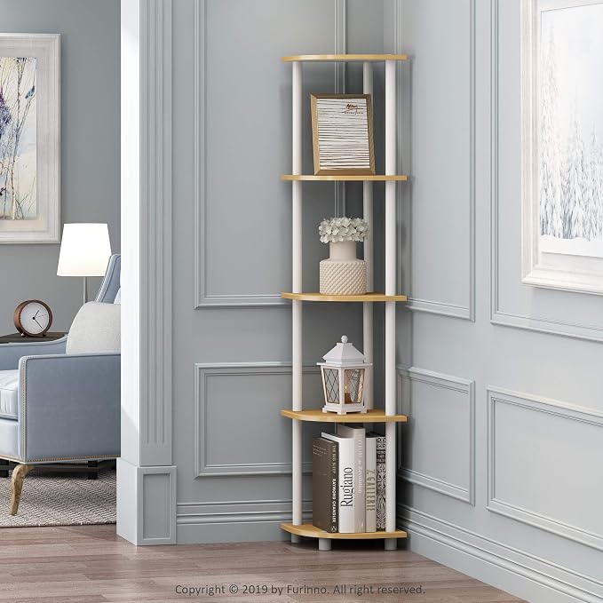 Furinno TURN-N-TUBE Corner Shelf, 5-Tier Corner Bookshelf, Open Storage Shelves, for Organization and Storage, Living Room, Home Office, Garage, Bedroom, Beech