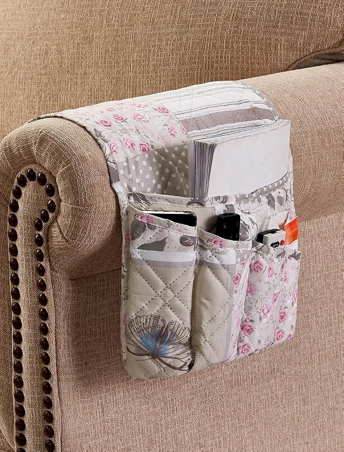 Brilliant Sunshine Grey Cupid & Pink Rose Couch Armrest Cover, 35"×13" | Washable Magazine Holder, Armrest Organizer & Caddy on Sofa, Recliner, Armchair, Storage for Remote Controls, Phone, iPad