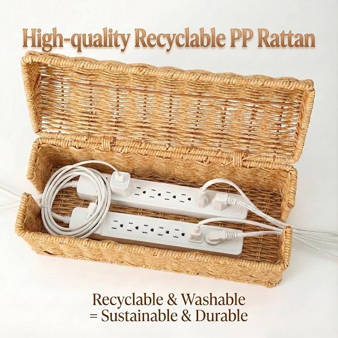 Rattan Cable Management Box, Ventilated Cord Hider with Flip Lid